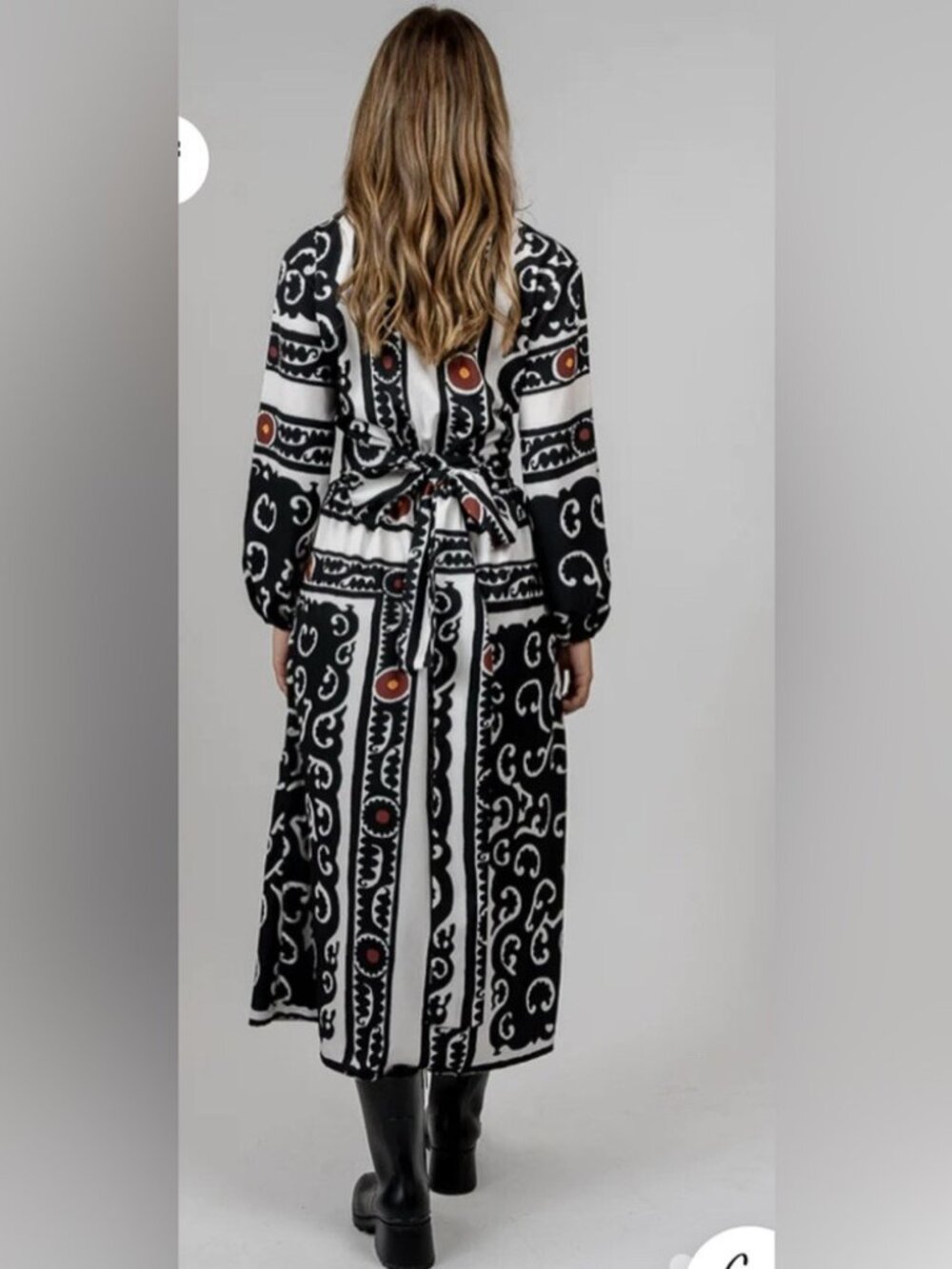 Black & White Printed Long Sleeve Maxi Dress with Belt - Picture 2 of 14
